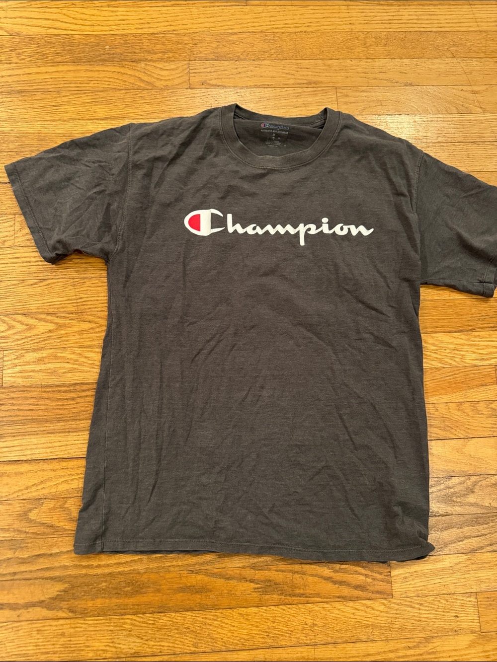 Champion Dark Gray Crewneck T-Shirt with White & Red Logo